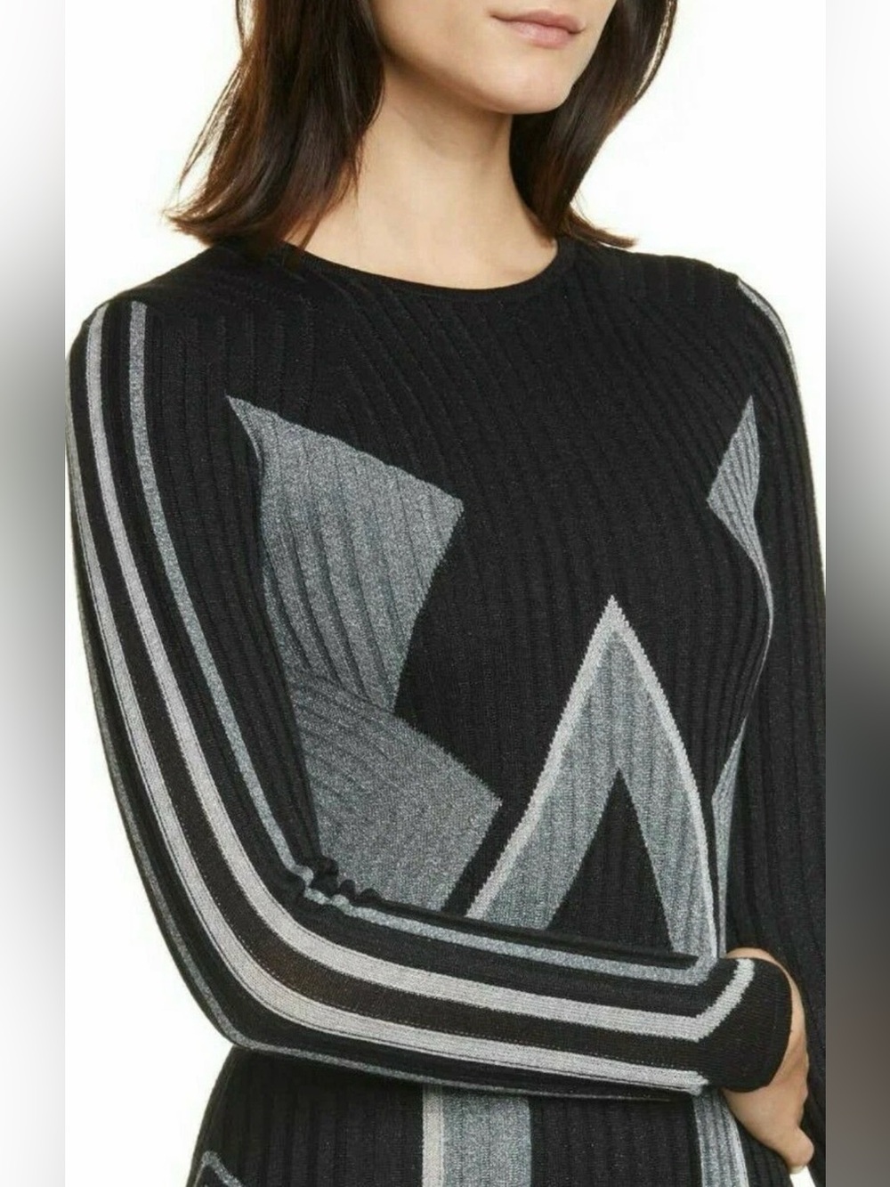 Ted Baker Hesiaa Bodycon Dress XL black silver long sleeve ribbed holiday career - Picture 5 of 16